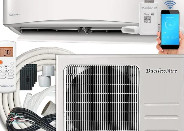 A promotional image of a Ductless-Aire mini-split air conditioning system showing the indoor wall-mounted unit, outdoor condenser unit, remote control, installation components, and smartphone app interface for smart control.RetryClaude can make mistakes. Please double-check responses.